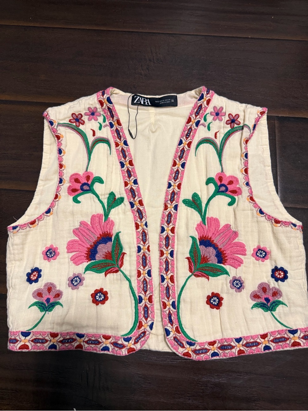 ZARA Cream Embroidered Floral Vest with Pink & Green Accents